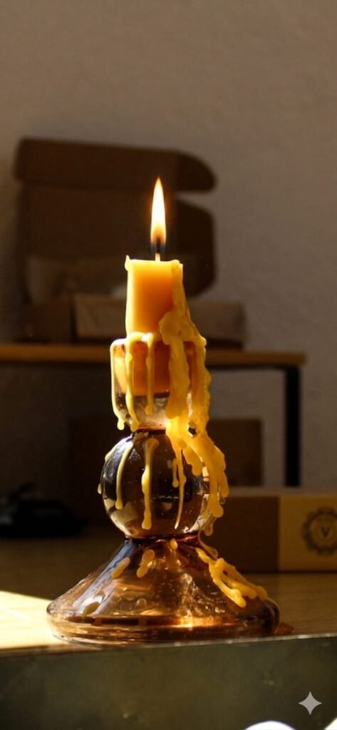 Vela de cera de abeja encendida sobre un candelabro de cristal