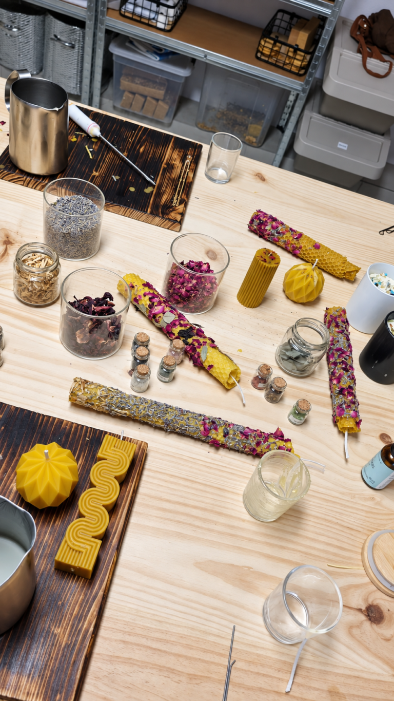 Velas de cera de abeja decoradas con flores y hierbas secas hechas en el taller