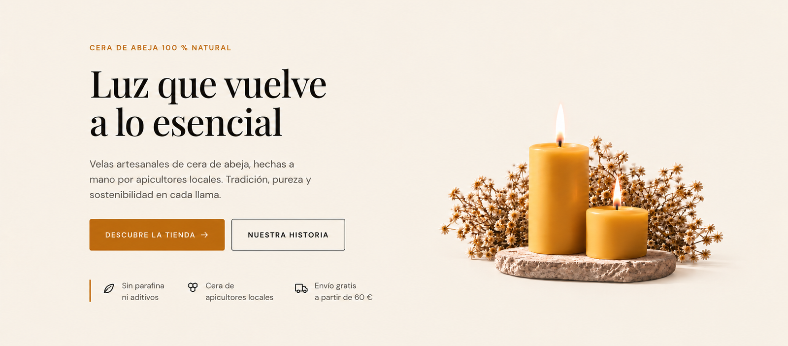 Inicio Velas artesanales de cera de abeja encendidas sobre piedra