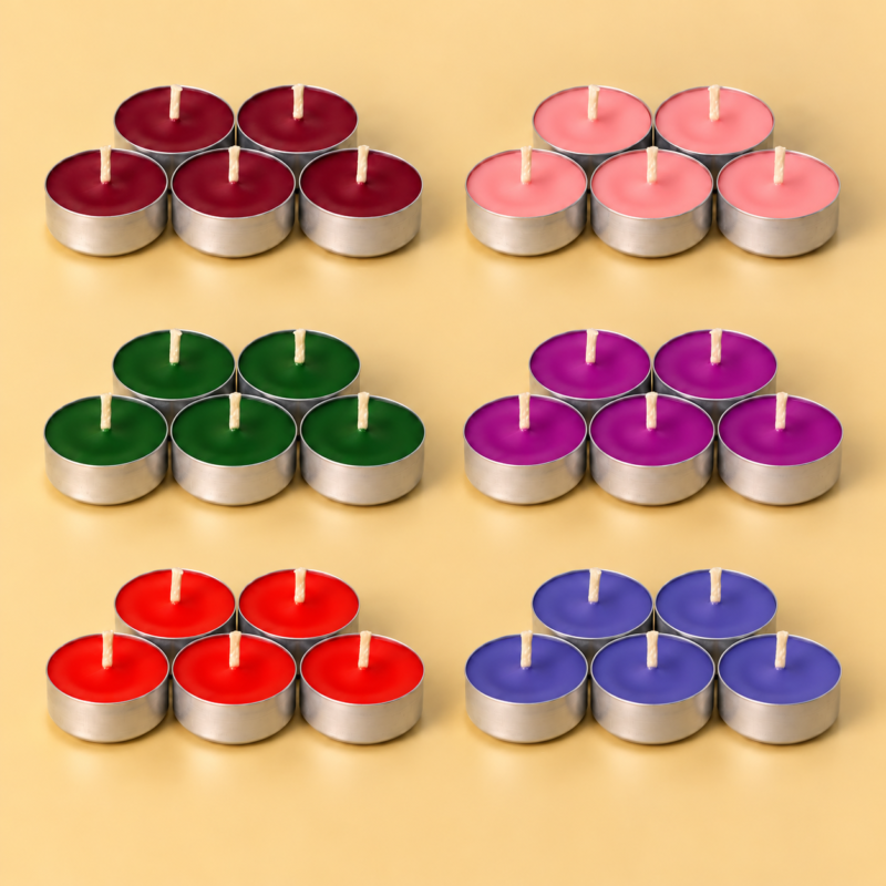 Velas de té de cera de abeja en los seis colores: roja, burdeos, rosa, morada, azul y verde